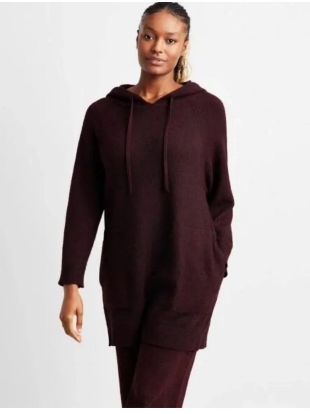 Longline Hooded Knit Tunic Sweater in Deep Wine